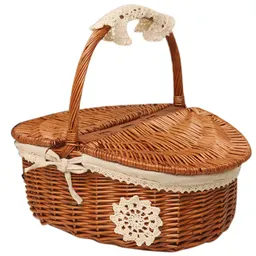 Cesta de picnic de mimbre hecha a mano para acampar, cesta de picnic y almacenamiento para compras con tapa y asa de madera