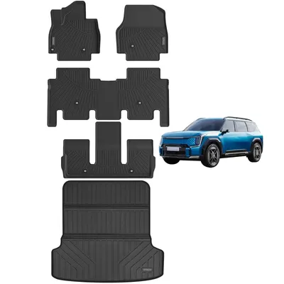 Golvmatta och stor lastrumsmatta kompatibel med KIA EV9 2024. Allväders 3-raders halkfri TPE-matta - svart. 6 sittplatser, 7 sittplatser