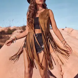 سترة طويلة صوفية بأسلوب كاوبوي غربي جديد للصيف للنساء بشراشير وتصميم مجوف