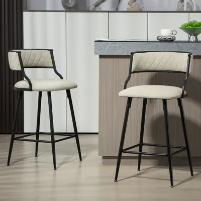 CONJUNTO DE 2 Cadeiras de Bar com Altura de Contador de 26 Polegadas, Capas em PU para Ilha de Cozinha, Cadeiras de Bar com Base em Aço Revestido a Pintura Preta e Apoio para os Pés