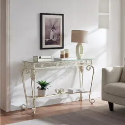 Mesa de consola moderna com vidro temperado e segundo nível