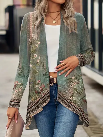 Spring And Autumn New Women s Top Printed Cardigan Casual Long Sleeve Light Jacket Green