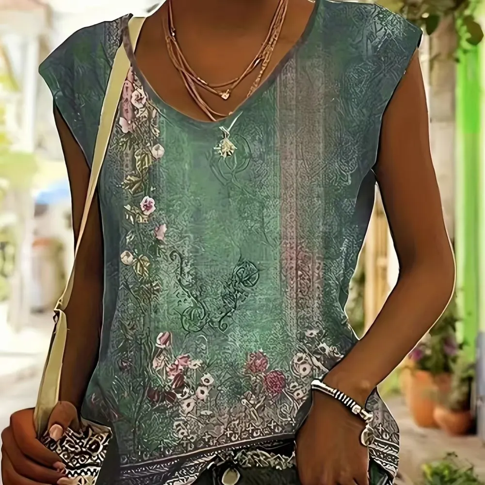 Damens blommig tryckt vest V-ringad ärmlös knappad casual topp