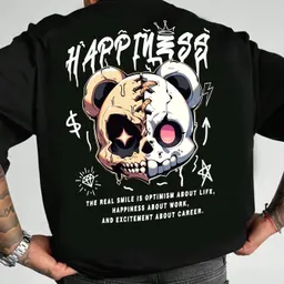 T-shirt de manga curta com estampa de urso, gola redonda, em tecido de malha casual de poliéster para o verão