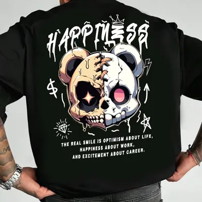 T-shirt de manga curta com estampa de urso, gola redonda, em tecido de malha casual de poliéster para o verão