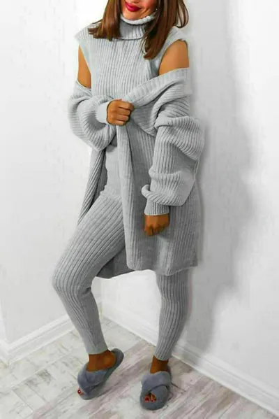 Damerens 3-delad set, genser med rulle, tjockstickad ribbad träningsdräkt, loungeset