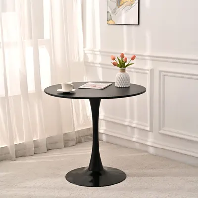 Mesa de jantar redonda de 31,5 polegadas, mesa medieval de tulipa preta, mesa com base de metal, acomoda 2 a 4 pessoas, mesa de café casual fácil de montar