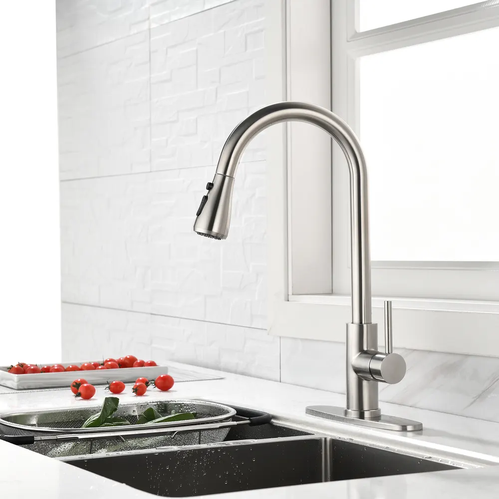 Grifo de cocina extraíble de alto arco con una sola manija, grifo de fregadero de cocina de acero inoxidable de una etapa, con rociador extraíble