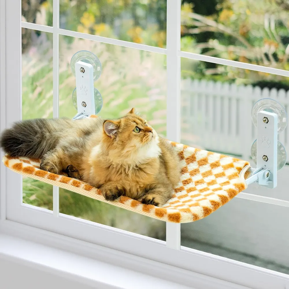 MEWOOFUN 猫咪窗户吊床 - 带强力吸盘的钢架栖木 适合室内猫 棕色，中号