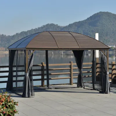 10x13 Grå hårdtak gazebo med stål tak gardiner nät paviljong takkrok för uteplats trädgård