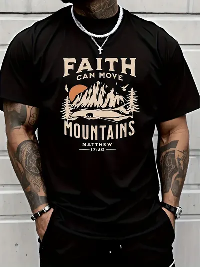 T-shirt de manga curta com gola redonda para homem, com estampa da frase  A FÉ PODE MOVER MONTANHAS , T-shirt casual de verão