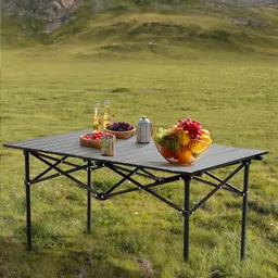 Mesa de campismo dobrável preta, aço carbono, tubo reto, 100kg