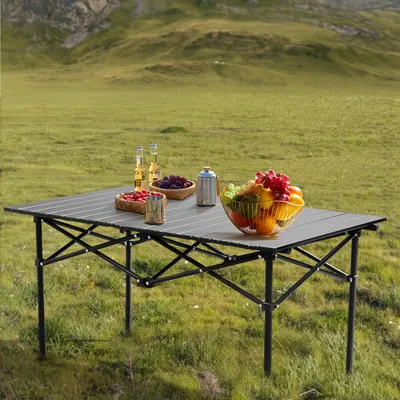 Mesa de campismo dobrável preta, aço carbono, tubo reto, 100kg