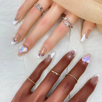 GGDDSHA 10 Unhas Postiças Longas em Forma de Caixão, Unhas Falsas com Design de Strass, Encantos de Arte de Unhas da Moda para Mulheres, Manicure de Arte de Unhas Feita à Mão, Degradê, Luxo Amour