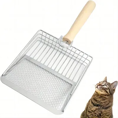 Pá para areia de gato - Pá resistente de metal para areia de gato com cabo longo, pá de excrementos de alta resistência para caixa de areia, pá de areia de aço inoxidável