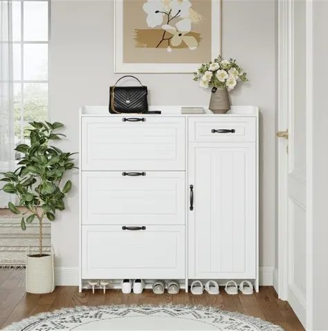 Vit skoskåp med 4 dörrar och 1 låda, PVC-dörr, snygg design, stort förvaringsutrymme