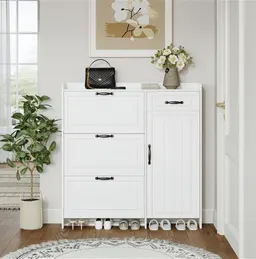 Guarda-sapatos branco com 4 portas e 1 gaveta, porta em PVC, aparência bonita e grande espaço de armazenamento