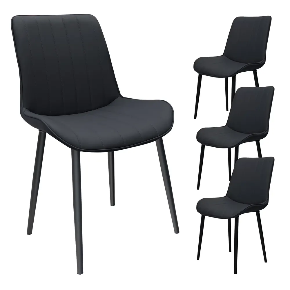Conjunto de quatro cadeiras de jantar em pele PU preta com pernas de metal