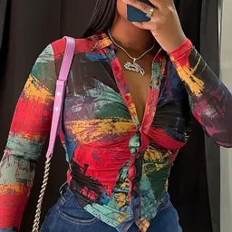 Top de manga comprida xadrez elegante para mulher