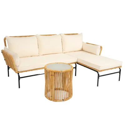 Conjunto de Móveis de Jardim em Vime para Exterior, 3 Peças, Mesa e Cadeiras com Almofada Espessa de 3,15 Polegadas