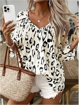 봄 여름 여성용 탑 레오파드 프린트 V넥 플리츠 7부 소매 셔츠 템퍼먼트 통근