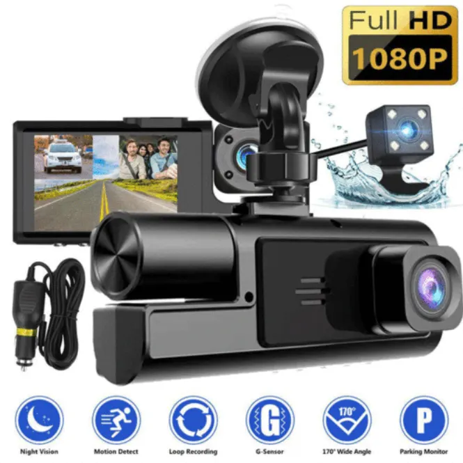 Câmara de carro Full HD 1080P, lentes duplas frontais, traseiras e internas, gravador de vídeo, câmara com sensor G