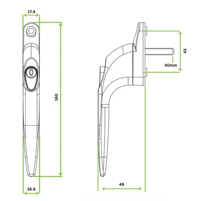 Pega universal para janela de PVC de 5 cilindros, pega reta com fecho, para vidros duplos, branca