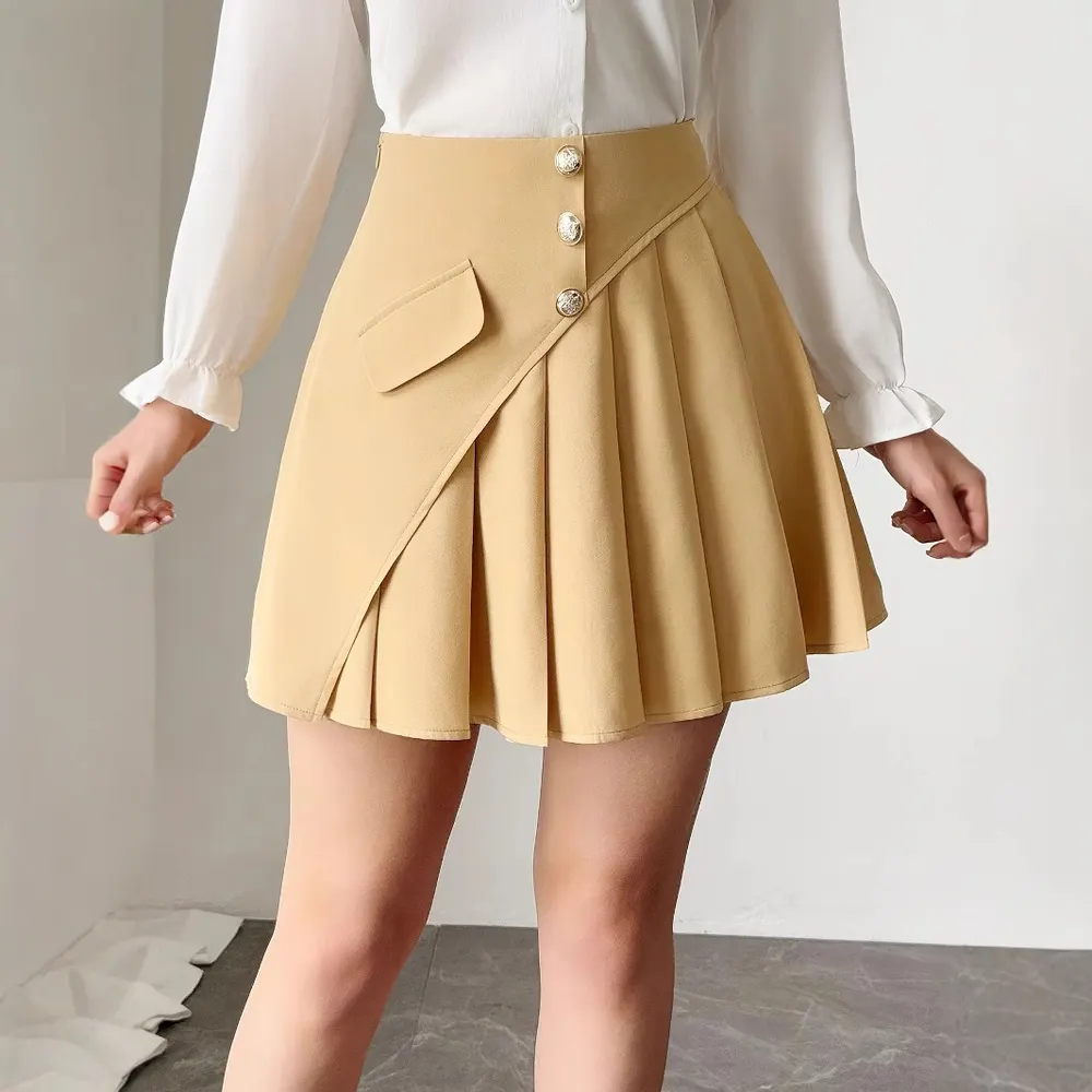 Falda de línea A con diseño de botones y frente plisado, temperamento de mujer, para ir al trabajo, color liso