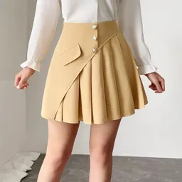 تنورة نسائية مناسبة للعمل والتنقل، بلون صلب، بتصميم أمامي مكمش وزرار، تنورة على شكل حرف A