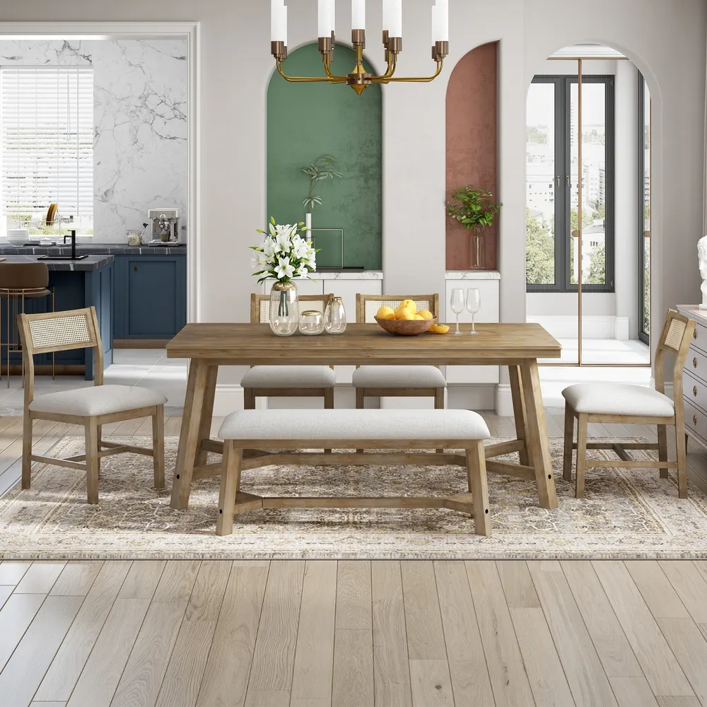 Conjunto de jantar retrô estilo farmhouse TREXM de 6 peças, mesa retangular e 4 cadeiras estofadas com ratt