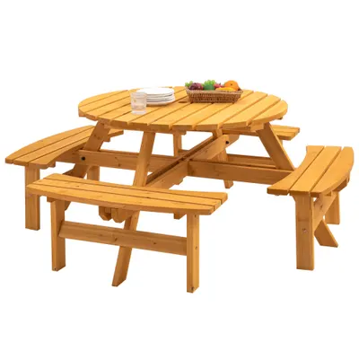 Mesa de piquenique de madeira, mesa de campismo exterior com bancos, com 4 bancos embutidos, cor natural