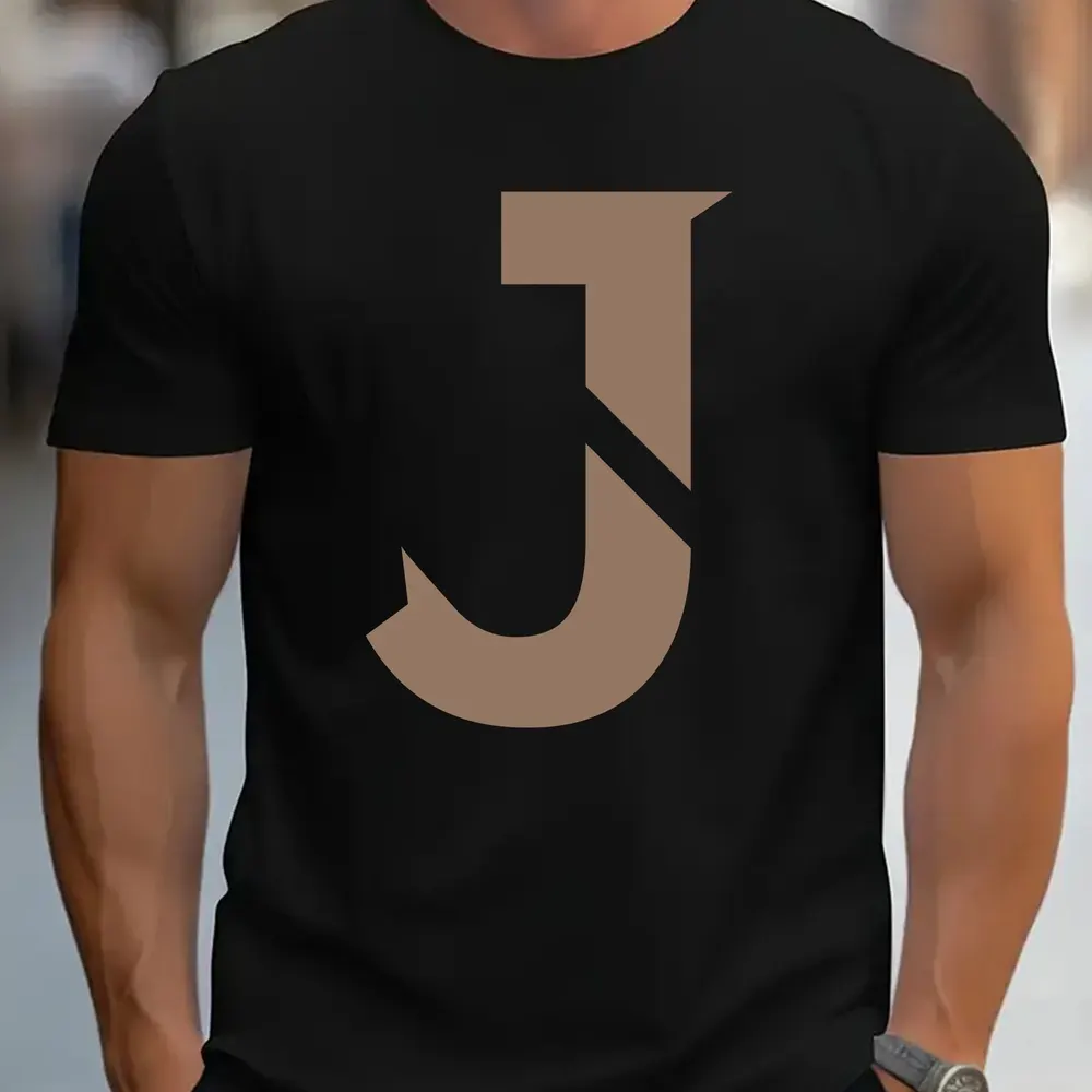 T-Shirt Estilosa para Homens com Estampa Geométrica J - Poliéster Respirável e Absorvente de Humidade, Gola Redonda Casual, Manga Curta, Adequada para Streetwear de Verão, Atividades ao Ar Livre e Uso Casual