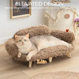 Приподнятая кошачья лежанка MEWOOFUN с моющимся чехлом - 26x18,3x8,5 дюйма, деревянный диван для кошек и мелких средних собак, современная мебель для животных, коричневый