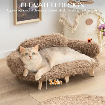 MEWOOFUN upphöjd kattbädd med tvättbart överdrag - 26x18.3x8.5 tums trädjursoffa för katter och små till medelstora hundar, modern djurmöbel i brun