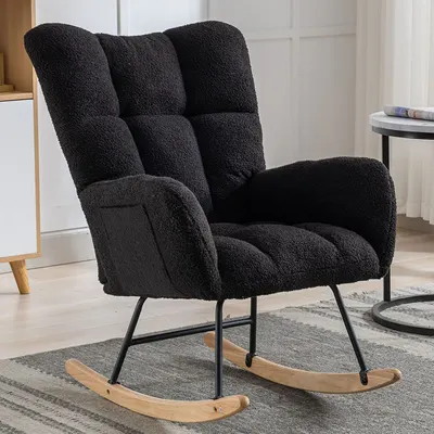 Cadeira de baloiço com bolso, tecido de pelúcia macio, para berçário, cadeira de baloiço com encosto de asa confortável, base de madeira sólida segura, para sala de estar, quarto, varanda (não pode ser vendido no Temu)