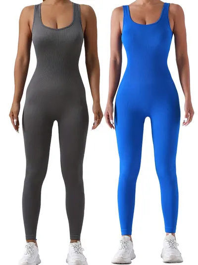 2-Pack Dam Ribbad Enfärgad Jumpsuit Bodysuit, Avslappnande Sexig Sportkläder