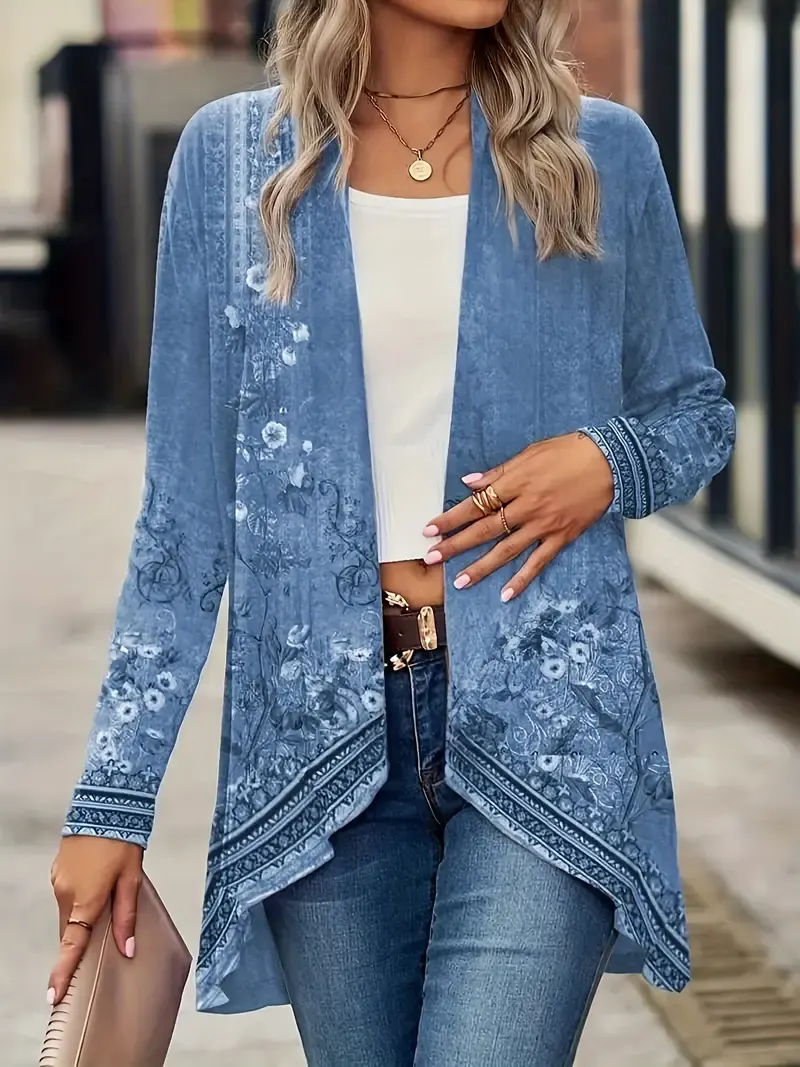 Spring And Autumn New Women s Top Printed Cardigan Casual Long Sleeve Light Jacket Blue