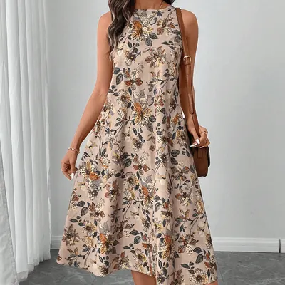 Vestido midi casual elegante con estampado floral retro, sin mangas, cuello redondo y dobladillo acampanado
