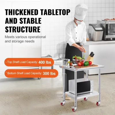 Mesa de trabalho em aço inoxidável VEVOR com rodas, mesa de preparação de 24 x 30 com rodízios, mesa de trabalho de alta resistência para cozinha comercial, restaurante, negócios, 24 x 30 x 33,8 polegadas