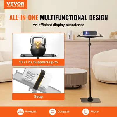 Suporte para Projetor VEVOR, Suporte de Chão para Projetor, Altura Ajustável de 30,3 a 63,4 Pol, Equipamento DJ, Suporte para Projetor com Bandeja, Ideal para Filmes ao Ar Livre, Casa, Escritório, Palco e Estúdio, Capacidade Máxima de Carga