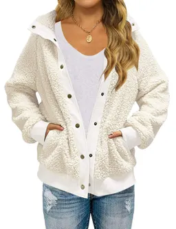 Casaco de sherpa com botões, manga comprida, para inverno, com bolsos