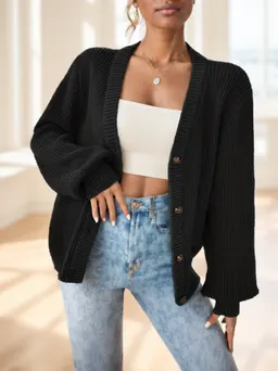 Cardigã de tricot feminino de cor lisa com botão frontal, casaco de primavera e outono
