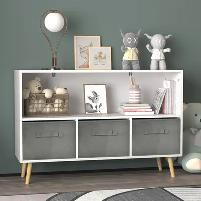 Barnbokhylla med vikbara tyglådor, barnbokdisplay, leksaksförvaring