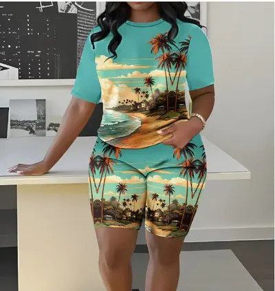 Women S Two-Piece Set Featuring A Stylish Printed T-Shirt And Casual Shorts