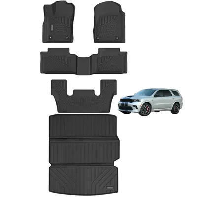 Golvmatta och stor lastrumsmatta kompatibel med 2016-2024 Dodge Durango. Allväders 3-raders halkfri TPE-matta - svart. -7 sittplatser-6 sittplatser