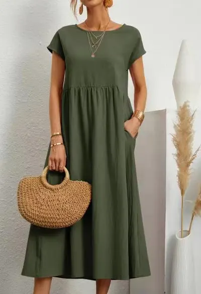 Vestido de algodão e linho solto de cor sólida, de manga curta, com bolsos