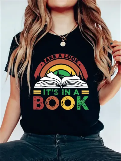 قميص تي شيرت بتصميم جرافيكي  خذ كتاباً ، قميص بسيط بلا عرقبة قصيرة الأكمام للصيف والربيع، ملابس نسائية