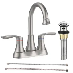 Badrumskran, brushed nickel med pop-up avlopp och slanger, tvåhandtag, 360 graders svängbart pip, centerset 4 tum, handfatskran för sminkbord 4011B-NP