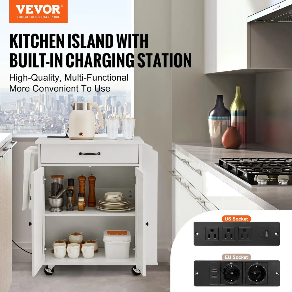 VEVOR Kitchen Island Cart, передвижной кухонный шкаф на колесах с зарядной станцией