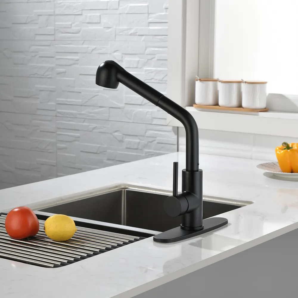 Torneira de cozinha em aço inoxidável preto mate, de um só comando e com pulverização retrátil